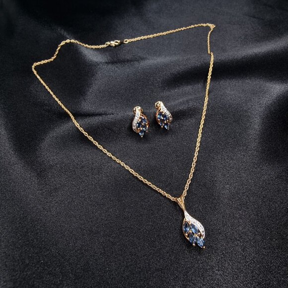 Vintage 1990s Gold Plated Jewelry Set With Blue Gemstone Pendant Necklace - Picture 2 of 9